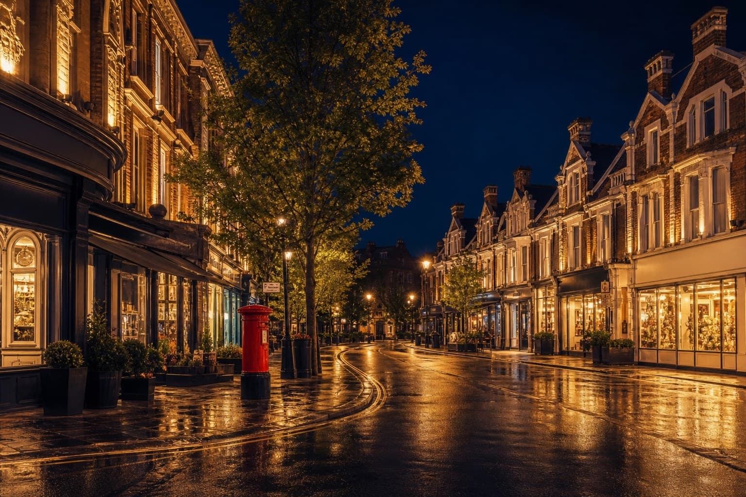 English high street at dusk