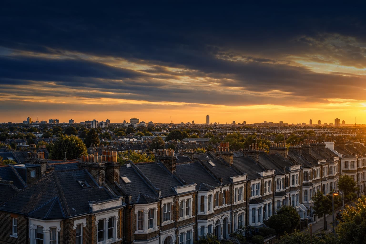 North London rooftops at sunset